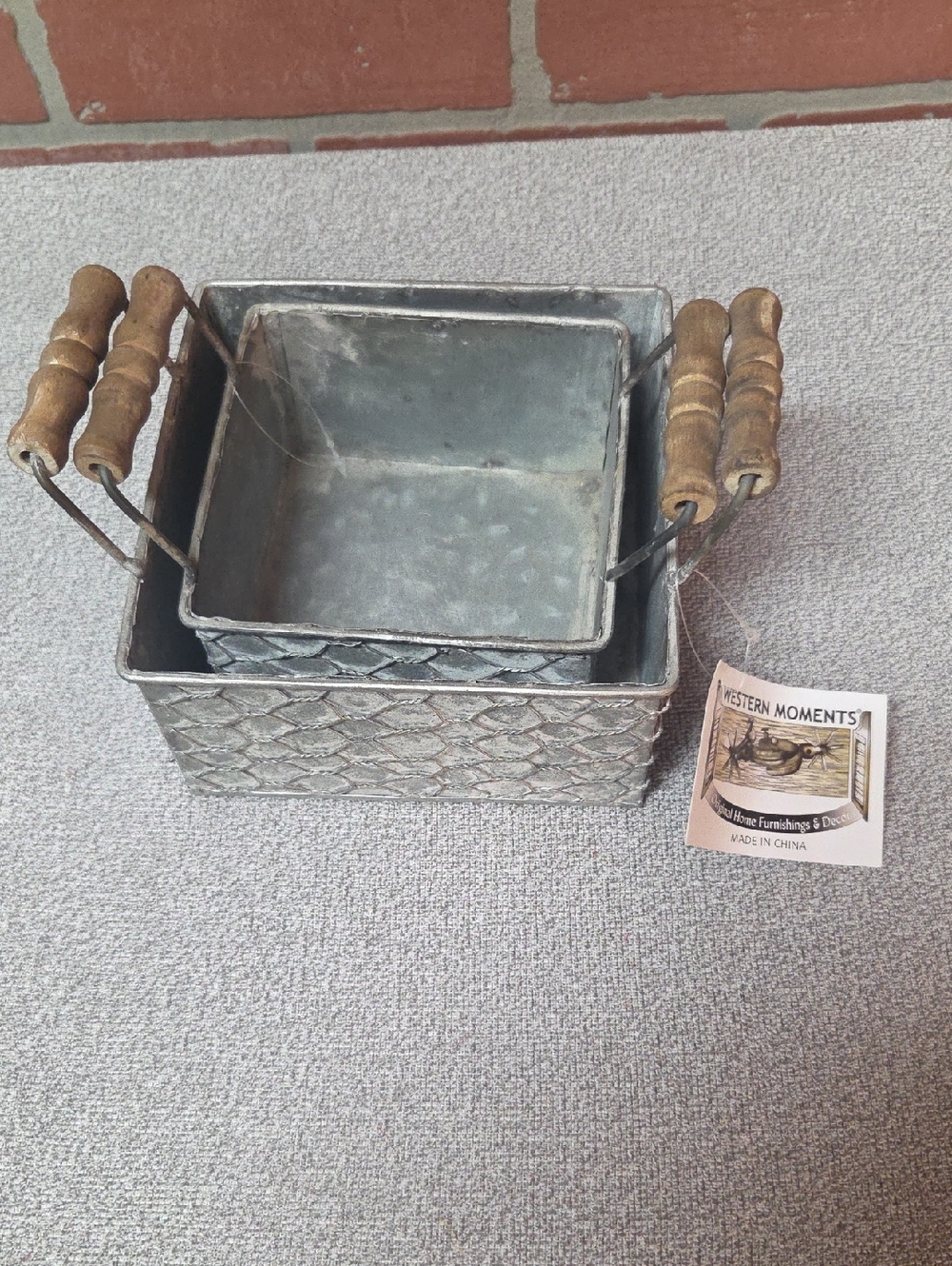 Galvanized Metal Nested Baskets with Wood Handles 2pcs